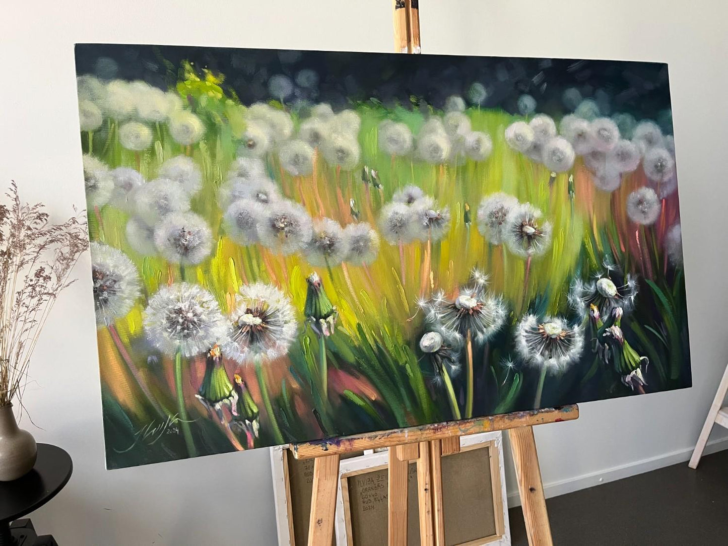 Pieneņu pūku pļava eļļas glezna 60 x 100 cm Ilvija Žeigure
