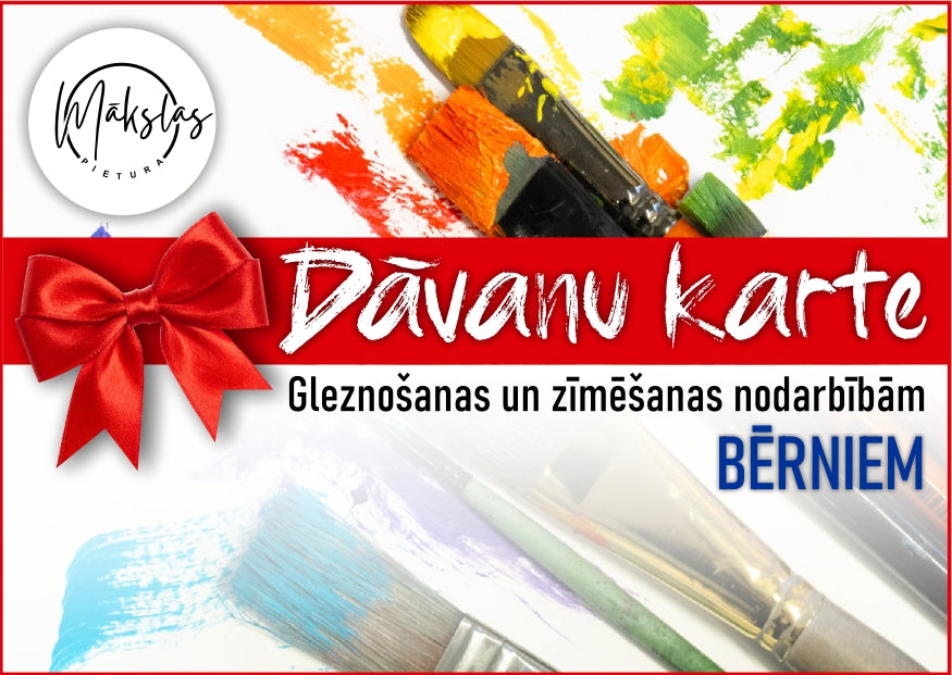 Plakāts, kas ved uz dāvanu kartes iegādi bērnu mākslas nodarbībām