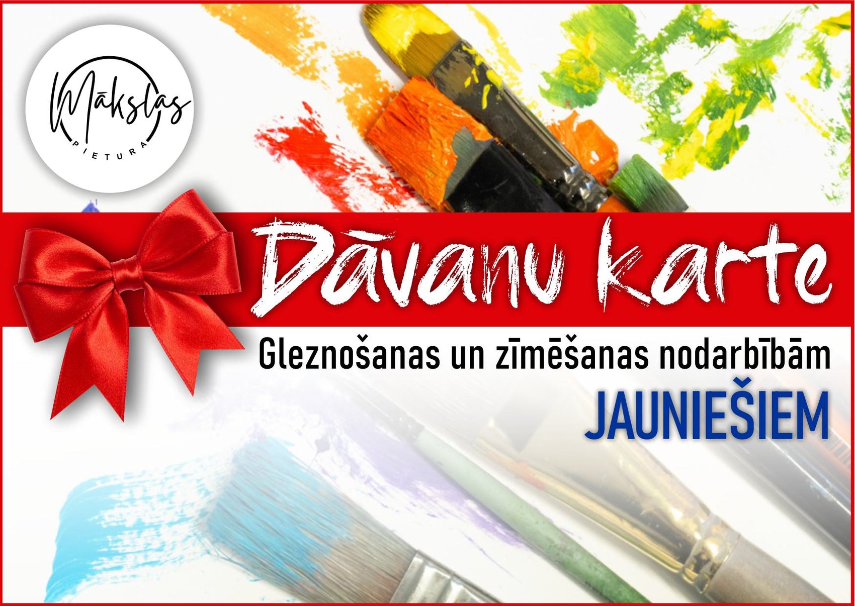 Plakāts kas ved uz dāvanu kartes iegādi jauniešiem mākslas nodarbībām