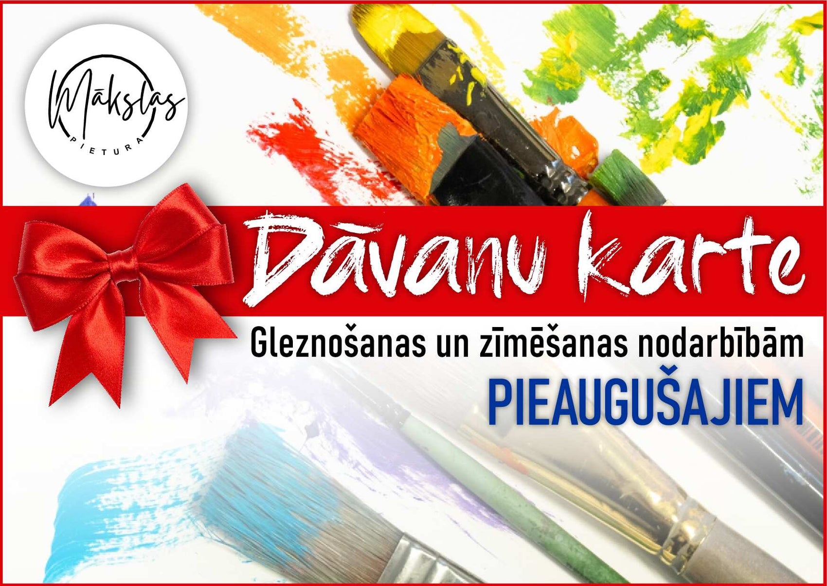 Informācijas plakāts kas ved uz dāvanu kartes iegādi pieaugušajiem zīmēšanā un gleznošanā