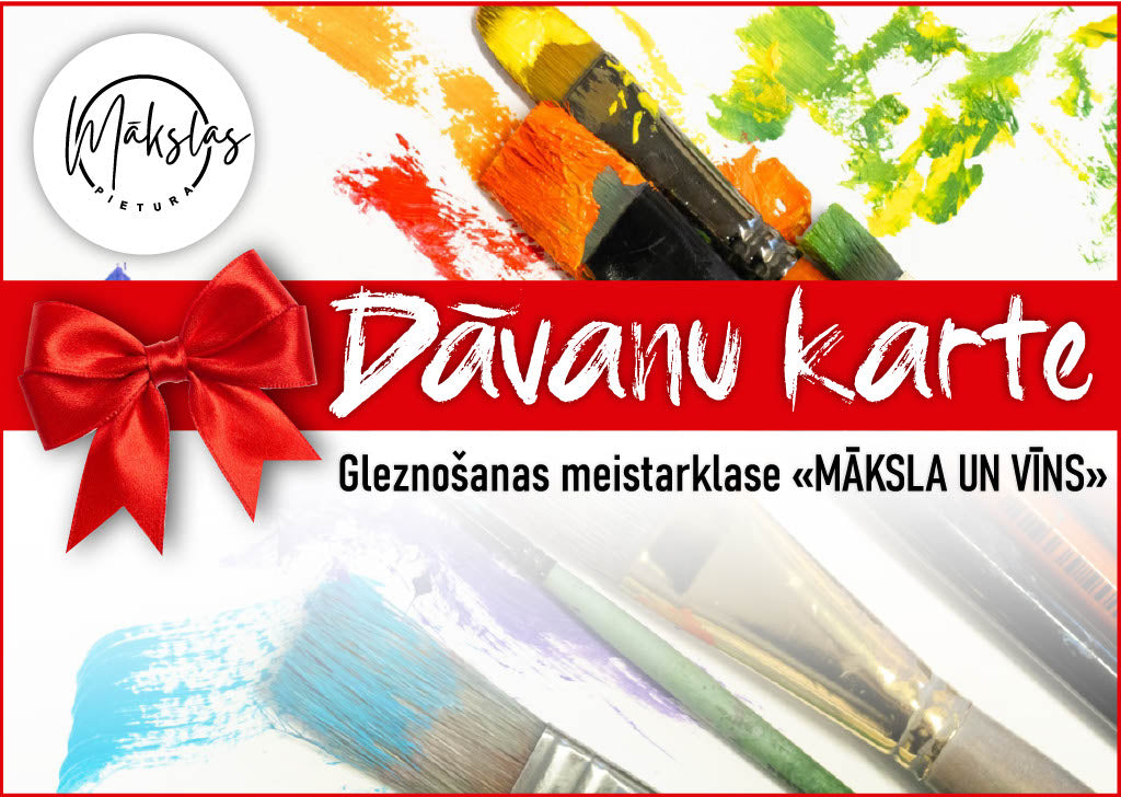Informācijas plakāts, kas ved uz dāvanu kartes iegādi māksla un vīns meistarklasei