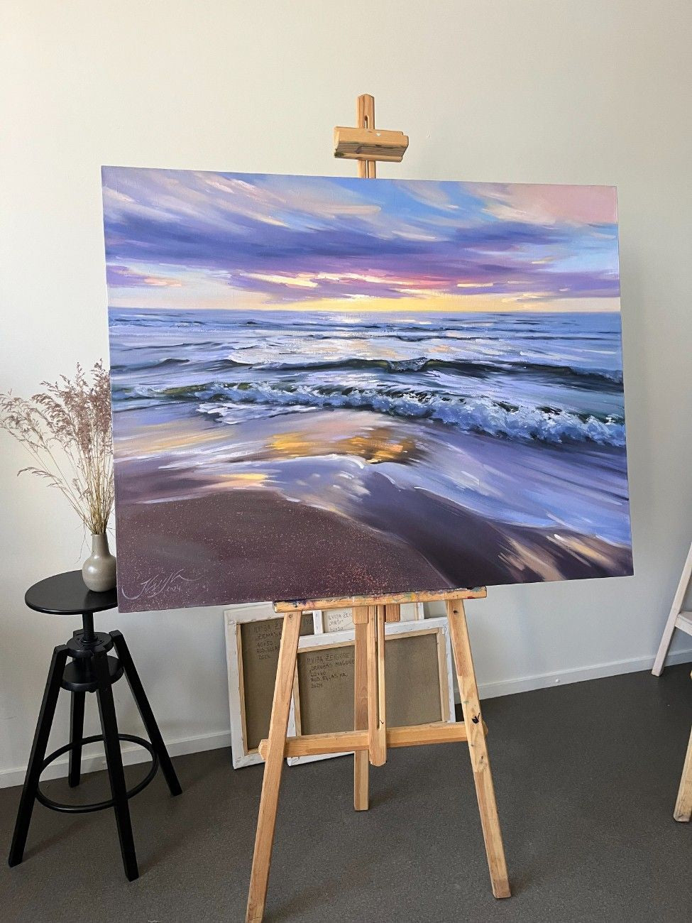 Jūras glezna ar saulrietu eļļas krāsas audekls 121 x 90,5 cm