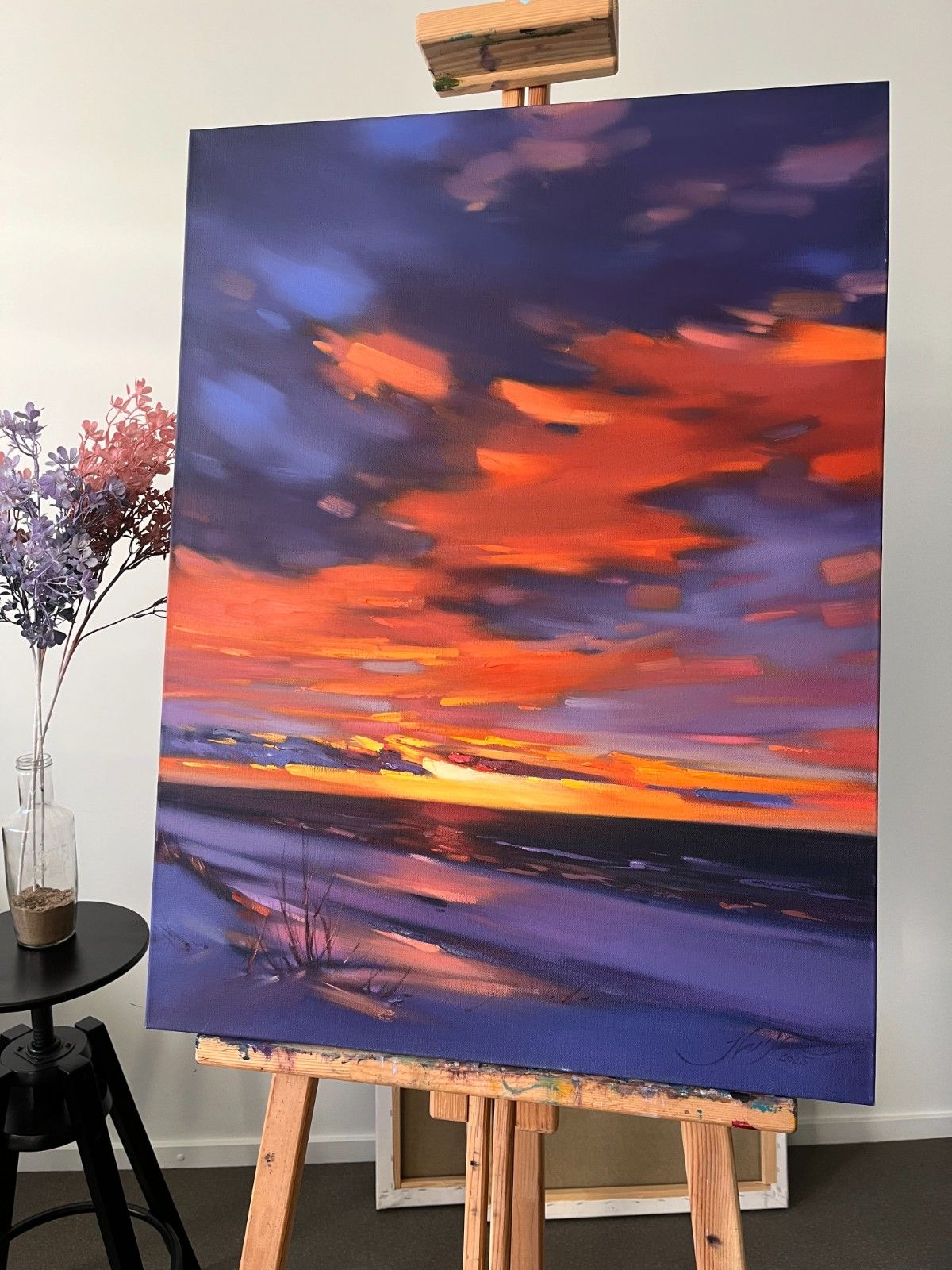 Ilvijas Žeigures eļļas glezna Saulriets pie jūras ziemas laikā 60 x 80 cm 