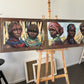 Eļļas glezna uz finiera tumšo sieviešu portreti 45x151 cm
