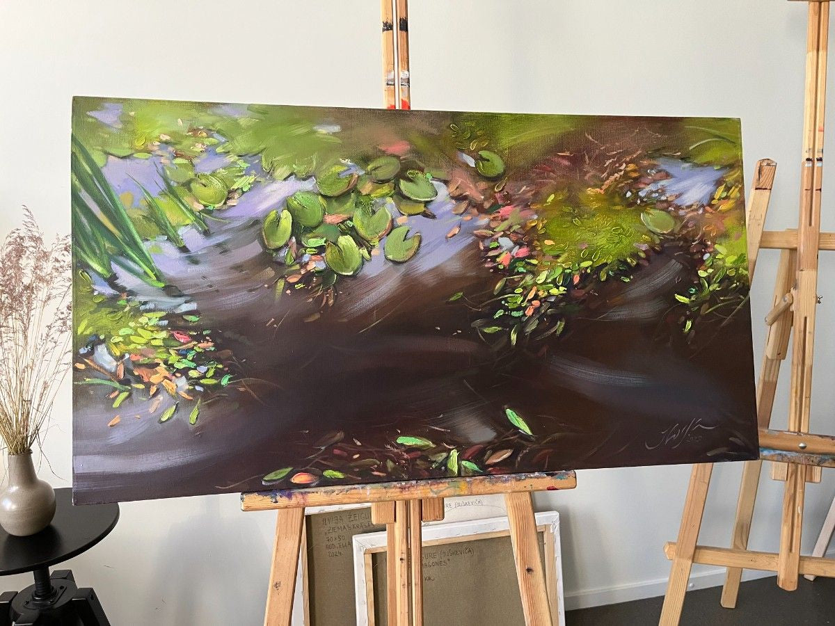Eļļas glezna Ūdenszāļu mežģīnes 104x56 cm attēlots dīķis ar ūdenszālēm