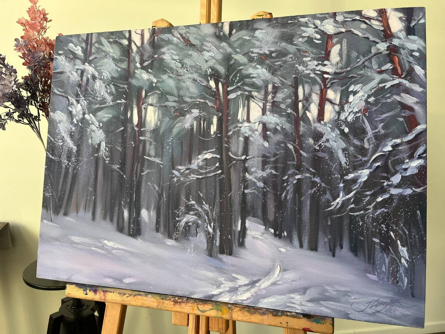 Ilvijas Žeigures glezna ar piesniguša meža dabas skatu  50 x 70 cm, uz audekla ar eļļas krāsām