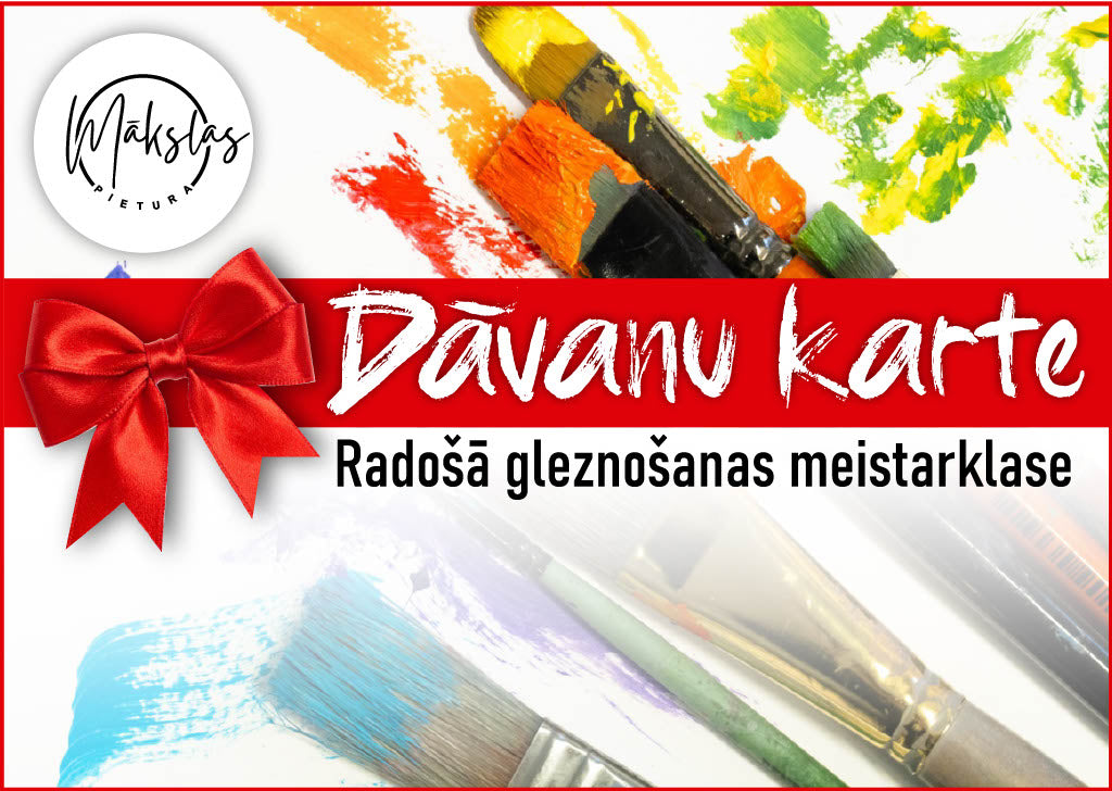 Informācijas plakāts, kas ved uz dāvanu kartes iegādi radošās gleznošanas meistarklasei
